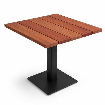 Mesa de cumarú 80×80 cm, tablas de 12 cm, pedestal cuadrado