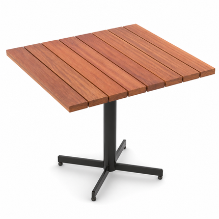 Mesa de cumarú 100×100 cm, tablas de 12 cm, pedestal estándar