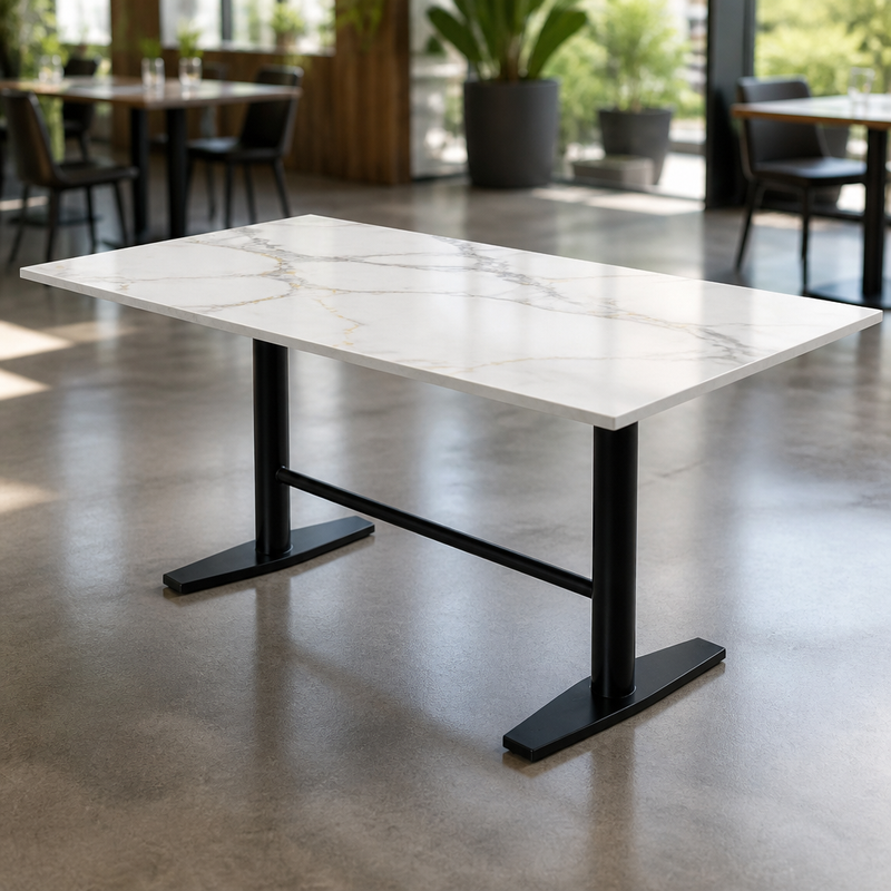 Mesa de Piedra Sinterizada 120×70 cm para Restaurante · 10 acabados · 3 bases