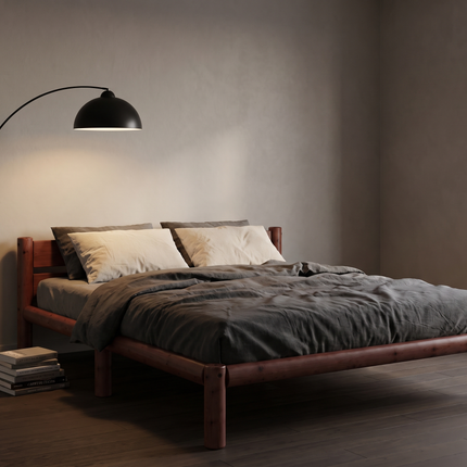 Cama de madera Nara en acabado Nogal en una recámara contemporánea