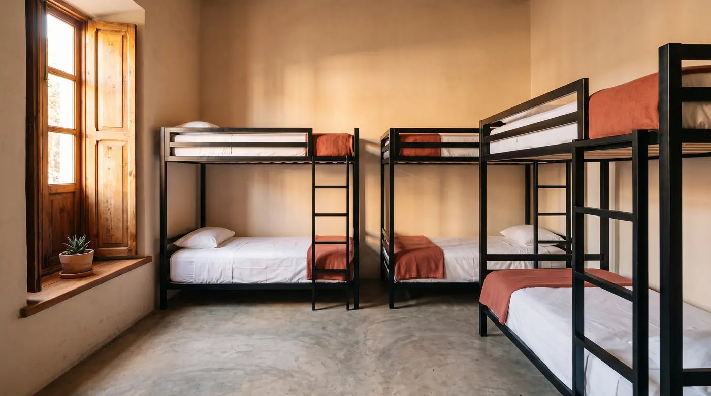 Literas de acero Casa Ferro en dormitorio de hostal