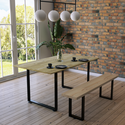 Juego de Mesa de Madera Pino Natural interior con bancas - Madera y Acero