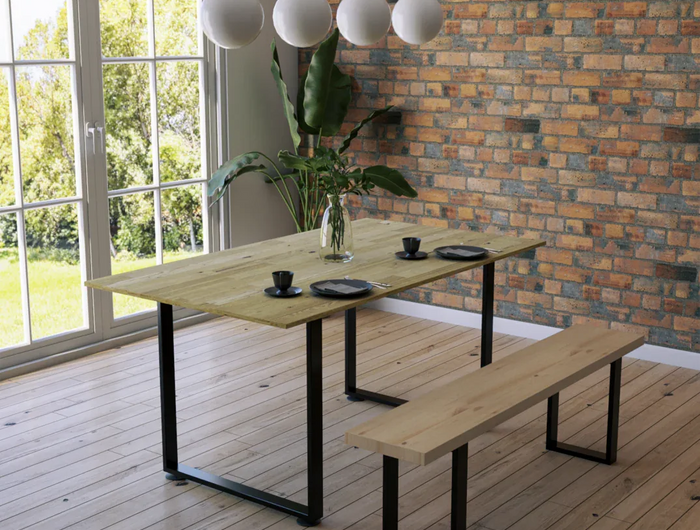 Juego de Mesa de Madera Pino Natural interior con bancas - Madera y Acero Mesa + 1 Banca - Casa Ferro