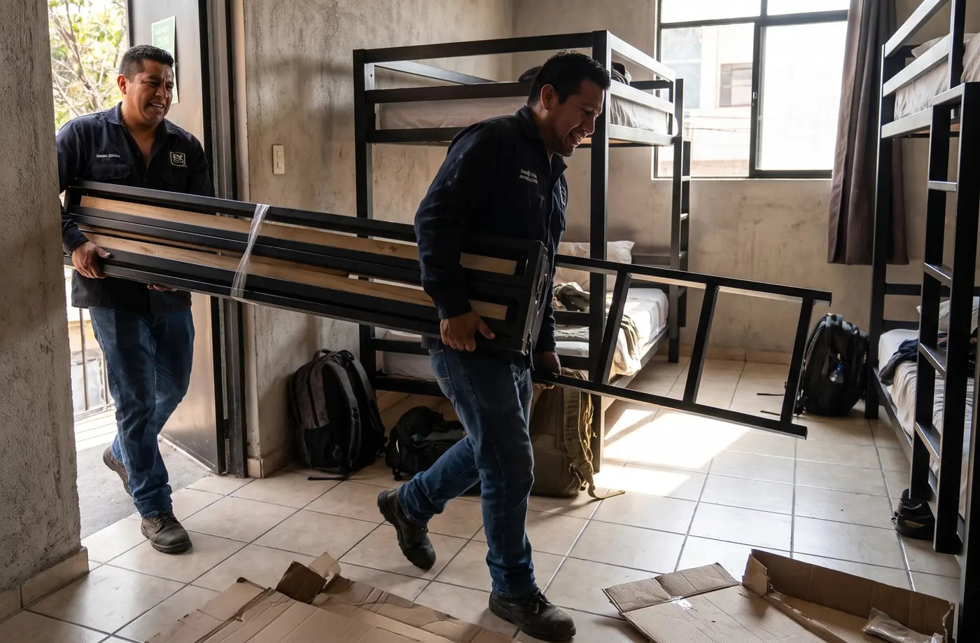 Instaladores de Casa Ferro montando literas de acero en un hostal