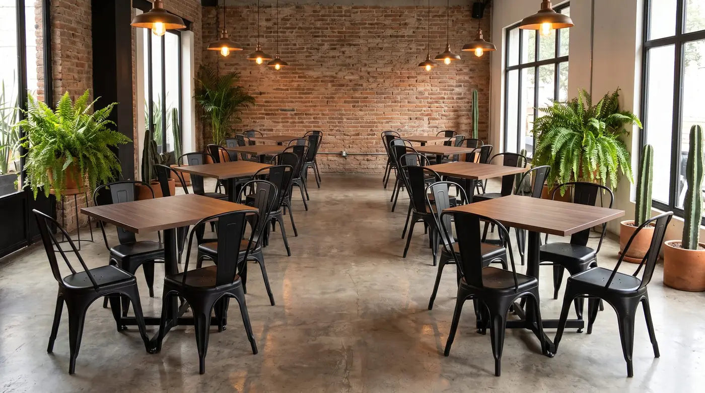 Kit restaurante 40 comensales: mesas MDF y sillas Tolix