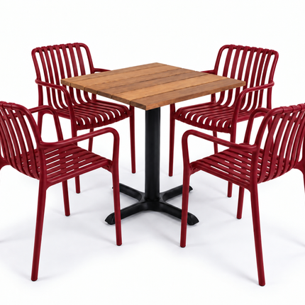 Kit terraza para 4 · Mesa de cumarú 80×80 + 4 sillas Palma con descansabrazos Rojo - Casa Ferro