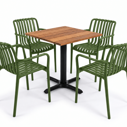 Kit terraza para 4 · Mesa de cumarú 80×80 + 4 sillas Palma con descansabrazos Verde olivo - Casa Ferro