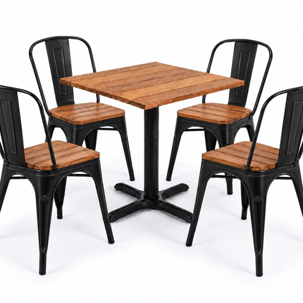 Kit terraza para 4 · Mesa de cumarú 80×80 + 4 sillas Tolix Tolix con asiento de cumarú Negro - Casa Ferro