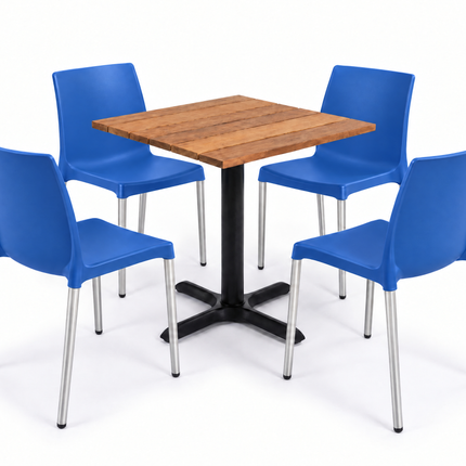 Kit terraza para 4 · Mesa de cumarú 80×80 + 4 sillas Vivanti Azul - Casa Ferro