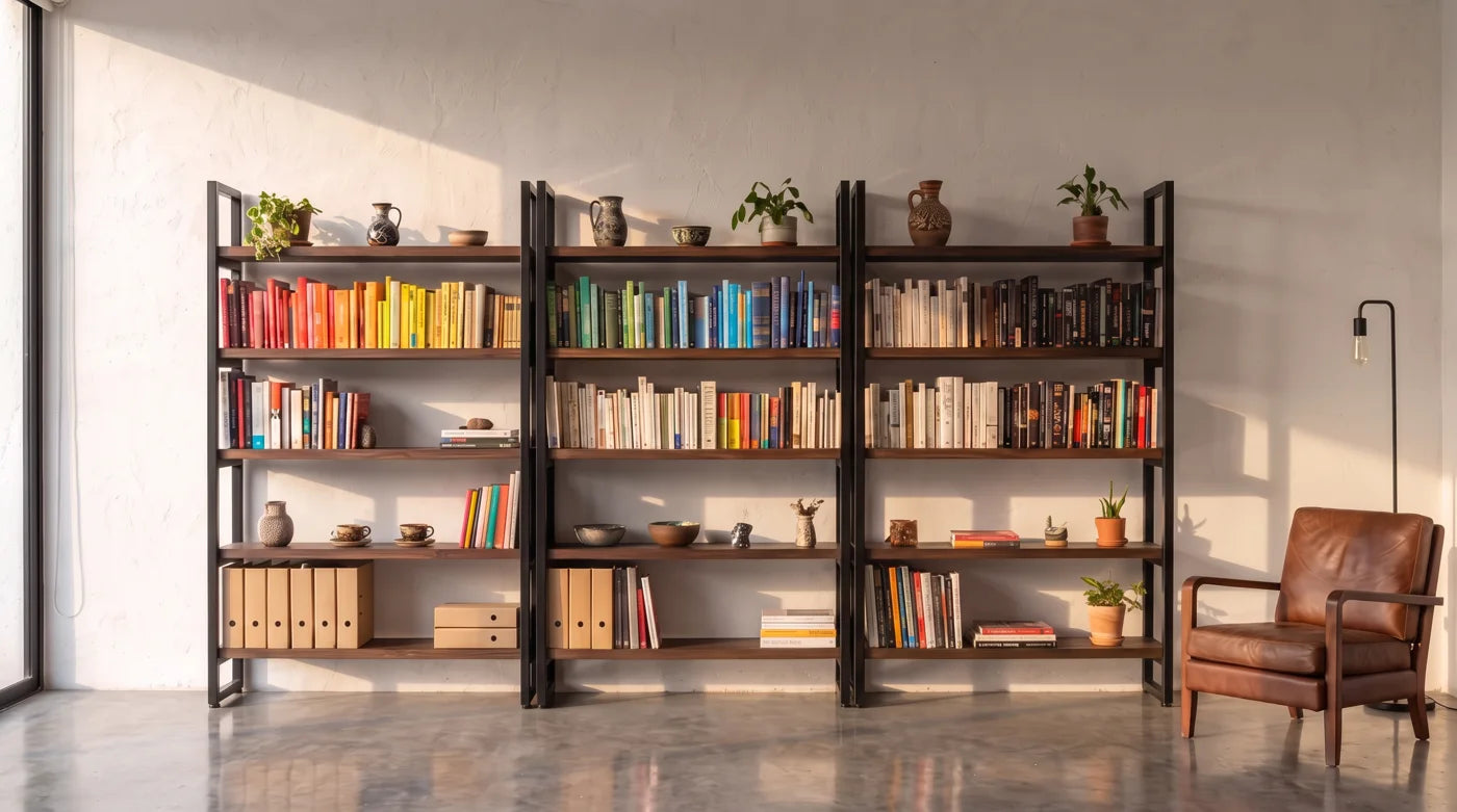 Tres libreros de 120 largo por 185 alto alineados