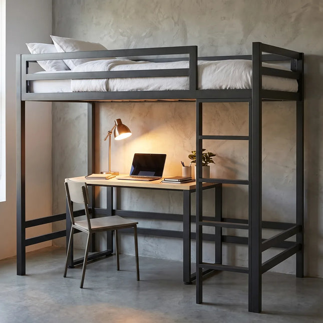 Litera con Escritorio de dos niveles - Estilo Industrial - Acero Negro - Casa Ferro