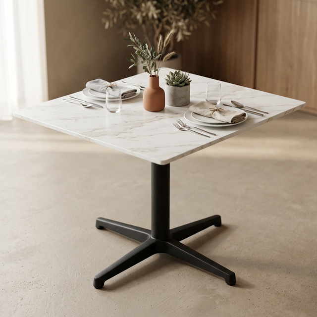 Mesa de Piedra Sinterizada 60×60 cm para Restaurante · 10 acabados · 3 bases