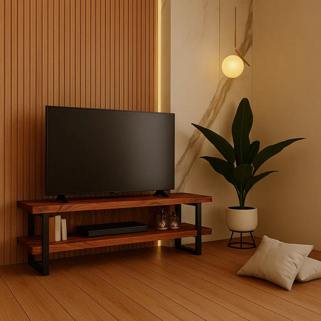 Mueble para TV de parota de 1.20 m con pantalla en una recámara