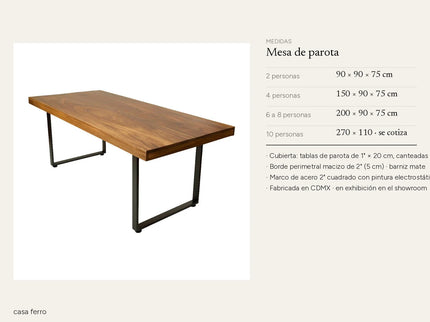 Medidas de la mesa de parota: 90×90, 150×90, 200×90 y 270×110