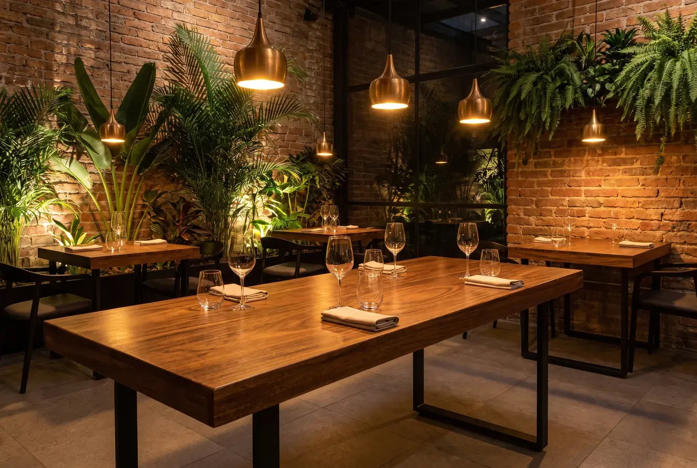 Restaurante con mesas de parota maciza y herrería Casa Ferro