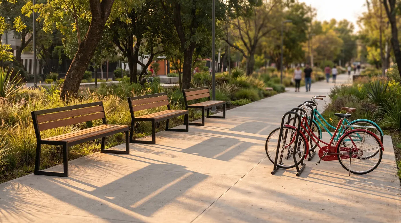 Bancas de parque y rack para bicis Casa Ferro